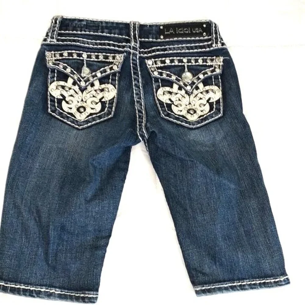 Aidal USA Womens Denim Capri Jeans W27 L12 Size 1 Dark Wash Studded Rolled Hem - Picture 6 of 9